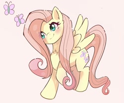 Size: 895x742 | Tagged: safe, artist:nin10ja, fluttershy, butterfly, pegasus, pony, g4, blushing, chest fluff, cute, female, head tilt, looking at something, mare, raised hoof, shyabetes, simple background, smiling, solo, spread wings, three quarter view, wings
