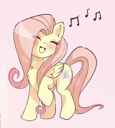Size: 697x776 | Tagged: safe, artist:nin10ja, fluttershy, pegasus, pony, g4, blush sticker, blushing, chest fluff, cute, daaaaaaaaaaaw, eyes closed, female, folded wings, mare, music notes, open mouth, pink background, raised hoof, shyabetes, simple background, singing, smiling, solo, turned head, wings