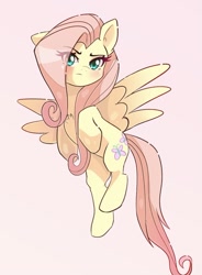 Size: 753x1023 | Tagged: safe, artist:nin10ja, fluttershy, pegasus, pony, g4, blushing, chest fluff, cute, female, fluttershy is not amused, flying, looking at you, mare, shyabetes, solo, spread wings, stern, turned head, unamused, wings