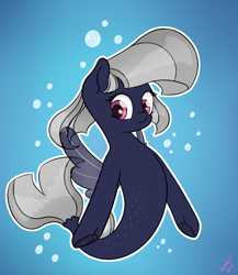 Size: 1000x1150 | Tagged: safe, artist:sealedseal, oc, oc only, pegasus, pony, seapony (g4), blue background, bubble, dorsal fin, fin wings, fish tail, flowing mane, flowing tail, gray mane, pink mane, seaponified, signature, simple background, smiling, solo, species swap, spread wings, swimming, tail, underwater, water, wings