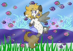 Size: 1024x717 | Tagged: safe, artist:angelskies, oc, oc only, fish, seapony (g4), blue eyes, coral, crepuscular rays, deviantart watermark, dorsal fin, female, fin wings, fish tail, flowing tail, obtrusive watermark, ocean, seaweed, smiling, solo, spread wings, swimming, tail, teeth, underwater, unshorn fetlocks, water, watermark, wingding eyes, wings, yellow mane
