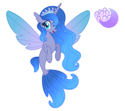 Size: 1280x1131 | Tagged: safe, artist:janeththeunicorn, oc, oc only, alicorn, pony, seapony (g4), base used, blue eyes, blue mane, crown, dorsal fin, ethereal mane, eyelashes, female, fin wings, fish tail, flowing mane, flowing tail, horn, jewelry, looking at you, open mouth, regalia, seaponified, simple background, smiling, solo, species swap, spread wings, starry mane, tail, transparent background, wings