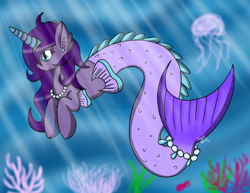 Size: 2786x2153 | Tagged: safe, artist:angelskies, oc, oc only, jellyfish, merpony, blue eyes, coral, crepuscular rays, deviantart watermark, eyelashes, female, fins, fish tail, flowing mane, flowing tail, high res, horn, jewelry, necklace, obtrusive watermark, ocean, pearl necklace, purple mane, seashell, smiling, solo, swimming, tail, underwater, water, watermark