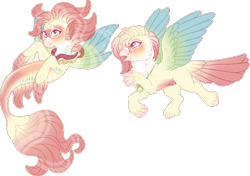 Size: 829x584 | Tagged: safe, artist:wytchwoods, oc, oc only, classical hippogriff, hippogriff, seapony (g4), beak, blushing, chest fluff, dorsal fin, feather, fin wings, fins, fish tail, flowing mane, flowing tail, jewelry, necklace, open mouth, red eyes, simple background, smiling, solo, spread wings, tail, transparent background, wings