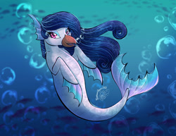 Size: 1280x989 | Tagged: safe, artist:rhazberriquartz, edit, oc, oc only, fish, hybrid, merpony, original species, seapony (g4), beak, blue mane, bubble, colored pupils, crepuscular rays, eyelashes, female, fins, fish tail, flowing mane, flowing tail, logo, logo edit, looking at you, ocean, open mouth, pink eyes, seaponified, smiling, smiling at you, solo, species swap, swimming, tail, underwater, water
