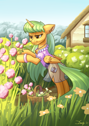 Size: 2480x3508 | Tagged: safe, artist:dandy, oc, oc only, alicorn, pony, alicorn oc, basket, belt, blouse, clothes, female, flower, garden, high res, horn, jewelry, necklace, raffle prize, see-through, skirt, solo, wings