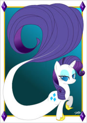 Size: 308x434 | Tagged: safe, artist:queenzora, rarity, merpony, pony, seapony (g4), unicorn, g4, blue background, blue eyes, blue mane, female, fish tail, flowing tail, hoof shoes, horn, lidded eyes, seaponified, seapony rarity, signature, simple background, smiling, solo, species swap, tail, water