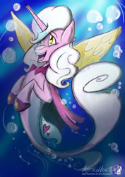 Size: 1654x2338 | Tagged: safe, artist:mad--munchkin, oc, oc only, oc:mary sue, alicorn, merpony, pony, seapony (g4), bubble, crepuscular rays, dorsal fin, female, fin wings, fish tail, flowing mane, horn, open mouth, seaponfied, signature, solo, sunlight, swimming, tail, underwater, water, wings, yellow eyes