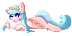 Size: 1280x640 | Tagged: safe, artist:pasteldraws, oc, oc only, oc:petal posey, pegasus, pony, floral head wreath, flower, lying down, pillow, simple background, solo, sparkles, transparent background