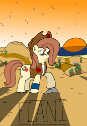 Size: 1893x2743 | Tagged: safe, artist:sparkfler85, derpibooru exclusive, oc, oc only, oc:flani bainilye, earth pony, pony, bracelet, bush, clothes, cowboy hat, cowgirl, female, flower, food, freckles, hat, jacket, jewelry, mare, rock, rose, scenery, shirt, stetson, sunset, water, western, wheat