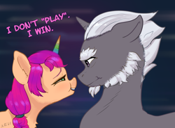 Size: 2102x1550 | Tagged: safe, artist:xbi, alphabittle blossomforth, sunny starscout, earth pony, pony, unicorn, g5, my little pony: a new generation, abstract background, beard, bushy brows, dialogue, duo, eye contact, facial hair, fake horn, female, horn, looking at each other, male, mare, rainbow horn, scene interpretation, side view, sideburns, stallion