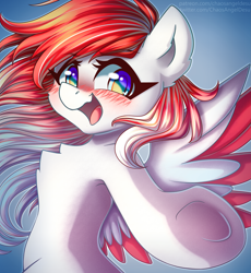 Size: 3687x4000 | Tagged: safe, artist:chaosangeldesu, oc, oc only, oc:making amends, pegasus, pony, chest fluff, colored wings, commission, open mouth, open smile, smiling, solo, two toned wings, wings, ych result