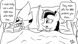 Size: 1200x675 | Tagged: safe, artist:pony-berserker, twilight sparkle, pony, pony-berserker's twitter sketches, g4, aeroplanes and meteor showers, airplanes (song), bed, crossover, crossover shipping, crying, erectile dysfunction, female, male, mordecai, mordetwi, pillow, regular show, shipping, straight