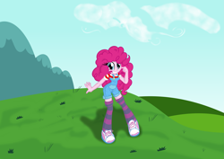 Size: 12347x8745 | Tagged: safe, artist:dtavs.exe, artist:shadowhawx, pinkie pie, equestria girls, g4, absurd resolution, breasts, busty pinkie pie, clothes, colored, female, grin, happy, looking at you, overalls, smiling, socks, solo, striped legwear, thigh highs