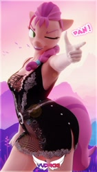 Size: 2160x3840 | Tagged: safe, artist:vyprae, sunny starscout, earth pony, anthro, g4, g5, spoiler:g5, 3d, blender, breasts, busty sunny starscout, clothes, dress, female, finger gun, g5 to g4, generation leap, high res, one eye closed, pointing, pose, solo, stupid sexy sunny starscout, tail, thighs