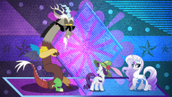 Size: 3840x2160 | Tagged: safe, alternate version, artist:laszlvfx, edit, discord, rarity, draconequus, pony, unicorn, g4, the return of harmony, abstract background, crossed arms, high res, sunglasses, wallpaper, wallpaper edit