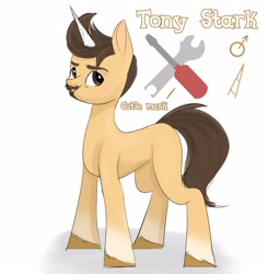 Size: 1569x1600 | Tagged: safe, artist:shamone, pony, unicorn, g5, cutie mark, facial hair, horn, iron man, male, marvel, ponified, reference, simple background, solo, stallion, the avengers, tony stark, white background