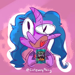 Size: 2000x2000 | Tagged: safe, artist:eveeyuwu, izzy moonbow, pony, g5, my little pony: a new generation, spoiler:g5, beans, food, high res, izzy's beans, shitposting, solo, stylistic suck, that pony sure does love beans