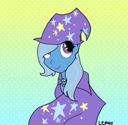 Size: 1024x1000 | Tagged: safe, artist:lemmywynks, trixie, g4, cape, clothes, eyes open, gem, hat, signature, smiling, stars