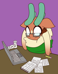 Size: 2228x2840 | Tagged: safe, artist:mrneo, cashmere (tfh), deer, reindeer, them's fightin' herds, clothes, community related, computer, distressed, food, glasses, high res, laptop computer, paper, purple background, salt, scarf, simple background, solo, taxes