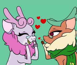 Size: 3712x3155 | Tagged: safe, artist:alpaca_arts, cashmere (tfh), oc, oc:mohair, deer, reindeer, them's fightin' herds, blowing a kiss, canon x oc, community related, couple, cute, eyes closed, female, green background, heart, high res, lesbian, mocash, shipping, simple background, tfh oc