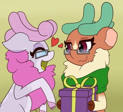 Size: 3039x2772 | Tagged: safe, artist:mrneo, cashmere (tfh), oc, oc:mohair, them's fightin' herds, canon x oc, clothes, community related, cute, female, glasses, heart, high res, lesbian, love, mocash, present, scarf, shipping, simple background, tfh oc, yellow background