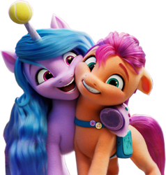 Size: 984x1035 | Tagged: safe, edit, izzy moonbow, sunny starscout, earth pony, pony, unicorn, g5, background removed, ball, cheek squish, cheek to cheek, duo, female, horn, hornball, izzy's tennis ball, looking at you, mare, personal space invasion, side hug, simple background, smiling, squishy cheeks, tennis ball, transparent background, underhoof