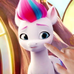 Size: 848x848 | Tagged: safe, edit, edited screencap, screencap, zipp storm, human, pegasus, pony, g5, my little pony: a new generation, 3d, disembodied hand, female, finger, hand, imminent boop, mare