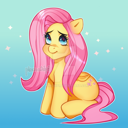 Size: 1280x1280 | Tagged: safe, artist:plumchipi, fluttershy, pegasus, pony, g4, abstract background, deviantart watermark, female, folded wings, gradient background, looking away, looking up, mare, obtrusive watermark, outline, sitting, smiling, solo, sparkles, three quarter view, watermark, white outline, wings