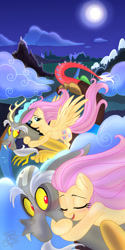 Size: 1000x2000 | Tagged: safe, artist:tiger-of-my-eye, discord, fluttershy, draconequus, pegasus, pony, g4, blushing, cloud, eyes closed, female, flying, full moon, holding onto someone, hug, looking at someone, male, mare, moon, mountain, night, open mouth, open smile, outdoors, ship:discoshy, shipping, signature, smiling, spread wings, straight, windswept mane, wings