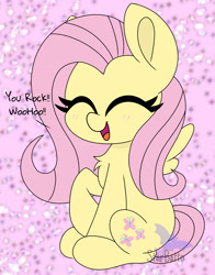 Size: 2836x3624 | Tagged: safe, artist:starbatto, fluttershy, pegasus, pony, abstract background, blushing, cheering, chest fluff, cute, dialogue, eyes closed, female, high res, mare, open mouth, open smile, raised hoof, shyabetes, sitting, smiling, solo, spread wings, three quarter view, wings