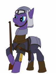 Size: 2449x3260 | Tagged: safe, artist:timejumper, oc, oc only, earth pony, pony, series:soldiers of the coalition, armor, boots, collar, equestrian royal army, gun, helmet, high res, knife, rifle, royal army, shoes, soldier, solo, trencher, united kingdom of equestria, weapon