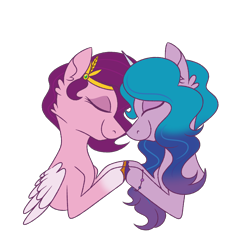 Size: 3000x3000 | Tagged: safe, artist:fuckomcfuck, izzy moonbow, pipp petals, pegasus, pony, unicorn, g5, adorapipp, bracelet, coat markings, cute, ear fluff, eyes closed, female, high res, jewelry, lesbian, mare, ship:moonpetals, shipping, simple background, smiling, socks (coat markings), transparent background, unshorn fetlocks, wings