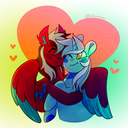 Size: 1600x1600 | Tagged: safe, artist:1racat, lyra heartstrings, oc, oc:razzmatazz gleam, bat pony, hybrid, pegasus, pony, unicorn, g4, canon x oc, duo, eyes closed, female, hug, lesbian, one eye closed, smiling