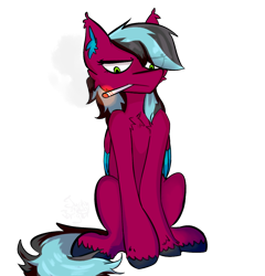 Size: 1018x1062 | Tagged: safe, artist:meaxtonly, oc, oc only, oc:razzmatazz gleam, bat pony, hybrid, pegasus, pony, female, smoking, solo