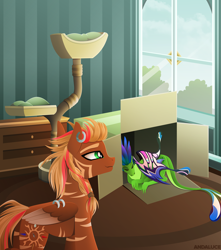 Size: 2500x2825 | Tagged: safe, artist:andaluce, oc, oc:aero, hybrid, pegasus, pony, zebra, zony, cat tree, cute, fairy dragon, high res, indoors, lineless, sleeping