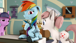 Size: 3840x2160 | Tagged: safe, artist:psfmer, nurse redheart, rainbow dash, twilight sparkle, alicorn, earth pony, pegasus, pony, g4, 3d, butt, dock, doctor's office, female, floppy ears, hat, high res, mare, mouth hold, needle, nurse hat, nurse redbutt, plot, radiograph, revamped ponies, scared, shot, source filmmaker, syringe, trypanophobia, twilight sparkle (alicorn), unshorn fetlocks, vaccination, x-ray