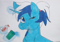 Size: 3856x2735 | Tagged: safe, artist:trivago#5960, minuette, pony, unicorn, g4, alternate hairstyle, brushie, brushie brushie, brushing teeth, colgate (company), cup, female, glowing horn, high res, horn, magic, mare, one eye closed, ponytail, solo, toothbrush, toothpaste, trace, traditional art