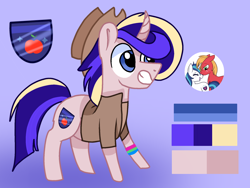 Size: 2048x1536 | Tagged: safe, artist:doodle-dazzle, big macintosh, shining armor, oc, oc only, oc:bright knight, pony, unicorn, g4, clothes, cowboy hat, curved horn, gay, hat, horn, infidelity, magical gay spawn, male, multicolored hair, offspring, parent:big macintosh, parent:shining armor, parents:shiningmac, polysexual pride flag, pride, pride flag, reference sheet, ship:shiningmac, shipping, smiling, solo, vest