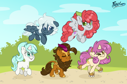 Size: 5682x3780 | Tagged: safe, artist:fluffyxai, oc, oc only, oc:earthen spark, oc:nine the divine, oc:quick glow, oc:scenic spatter, oc:stratus, kirin, pegasus, pony, unicorn, absurd resolution, blushing, chibi, flying, looking at someone, one eye closed, outdoors, roller skates, spread wings, walking, wings, wink