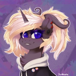 Size: 2048x2048 | Tagged: safe, artist:yumkandie, pony, unicorn, bust, clothes, female, high res, hoodie, horns, lesbian pride flag, piercing, ponytail, pride, pride flag, solo, transgender pride flag, wingding eyes
