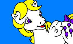 Size: 709x431 | Tagged: safe, artist:superman64, surprise, pegasus, pony, g1, adoraprise, blue background, bow, cute, female, mare, ms paint, open mouth, open smile, simple background, smiling, solo, tail bow