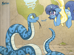 Size: 5000x3750 | Tagged: safe, artist:fluffyxai, oc, oc only, pony, serpent, snake, unicorn, blushing, coils, female, forked tongue, mare, nervous, scared, smiling, speech, sweat, talking, text, tongue out, wrapped