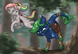 Size: 1000x700 | Tagged: safe, artist:joan-grace, oc, oc only, oc:livia, oc:prism, dracony, dragon, hybrid, pegasus, pony, bag, duo, female, filly, flying, foot wraps, forest, interspecies offspring, mare, multicolored hair, offspring, outdoors, parent:rainbow dash, parent:rarity, parent:soarin', parent:spike, parents:soarindash, parents:sparity, racing, rainbow hair, running, saddle bag, tree, wings