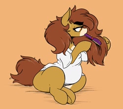 Size: 1709x1514 | Tagged: safe, artist:somefrigginnerd, oc, oc only, oc:pencil test, earth pony, pony, annoyed, brush, brushing, chubby, clothes, female, freckles, holding, mare, mouth hold, plump, shirt, sitting, solo, thick eyebrows, underhoof