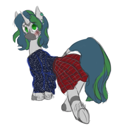 Size: 1500x1500 | Tagged: safe, artist:darnelg, oc, oc only, oc:forest glade, hybrid, pony, zebra, zebracorn, zony, blushing, clothes, colored sketch, ear piercing, looking back, oc owner:ononim, piercing, shirt, simple background, skirt, solo, underhoof, unshorn fetlocks, white background