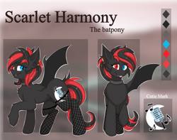 Size: 2000x1573 | Tagged: safe, artist:kianara, oc, oc only, oc:sharpe, bat pony, pony, :p, bat pony oc, bat wings, chest fluff, choker, clothes, collar, commission, cutie mark, ear fluff, ear piercing, fangs, female, fishnet stockings, freckles, heterochromia, mare, piercing, raised hoof, red and black mane, red and black oc, reference sheet, smiling, solo, spiked collar, spread wings, stockings, thigh highs, tongue out, wings