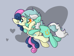 Size: 4087x3097 | Tagged: safe, artist:background basset, bon bon, lyra heartstrings, sweetie drops, earth pony, pony, unicorn, g4, abstract background, duo, female, floating, heart, high res, hug, lesbian, one eye closed, ship:lyrabon, shipping
