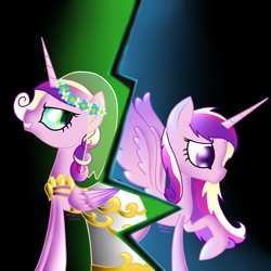 Size: 1280x1280 | Tagged: safe, artist:princessfaeron, princess cadance, queen chrysalis, pony, a canterlot wedding, g4, clothes, disguise, disguised changeling, dress, duality, duo, duo female, female, mare, marriage, this day aria, wedding, wedding dress