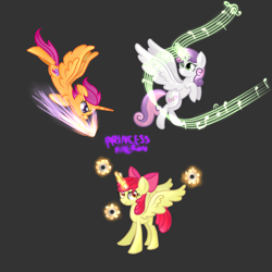 Size: 1024x1024 | Tagged: safe, artist:princessfaeron, apple bloom, scootaloo, sweetie belle, alicorn, pony, g4, alicorn cmc, alicorn crusaders, alicorn cutie mark crusaders, alicornified, alternate cutie mark, bloomicorn, cutie mark crusaders, flower, flying, magic, music notes, older, race swap, scootacorn, scootaloo can fly, sweetiecorn